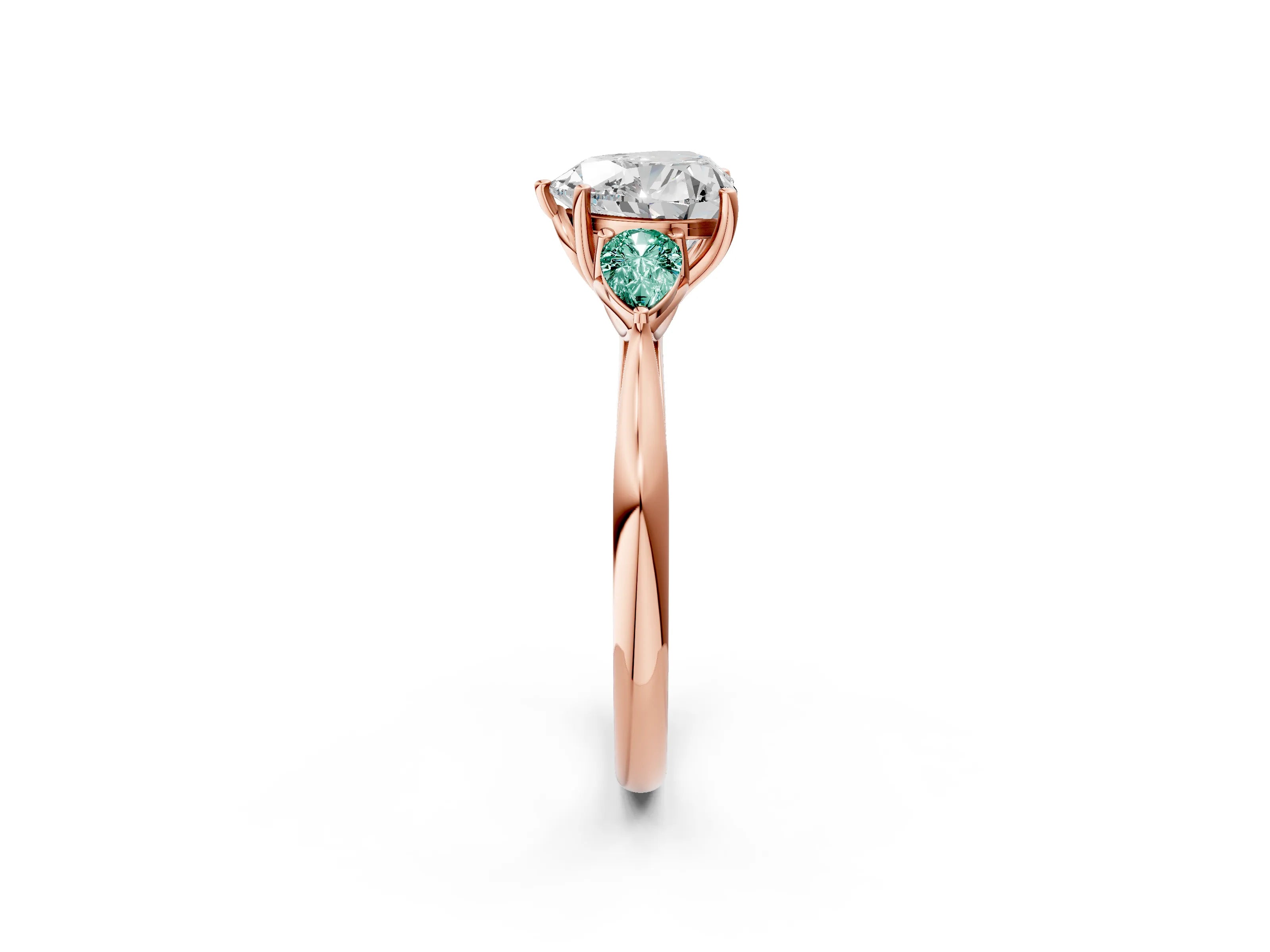 Rose gold Heart Cut Diamond Three-Stone Ring with Pear with Green Sapphire side stone Side Stones and Prong Setting_2