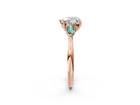Rose gold Heart Cut Diamond Three-Stone Ring with Pear with Green Sapphire side stone Side Stones and Prong Setting_2
