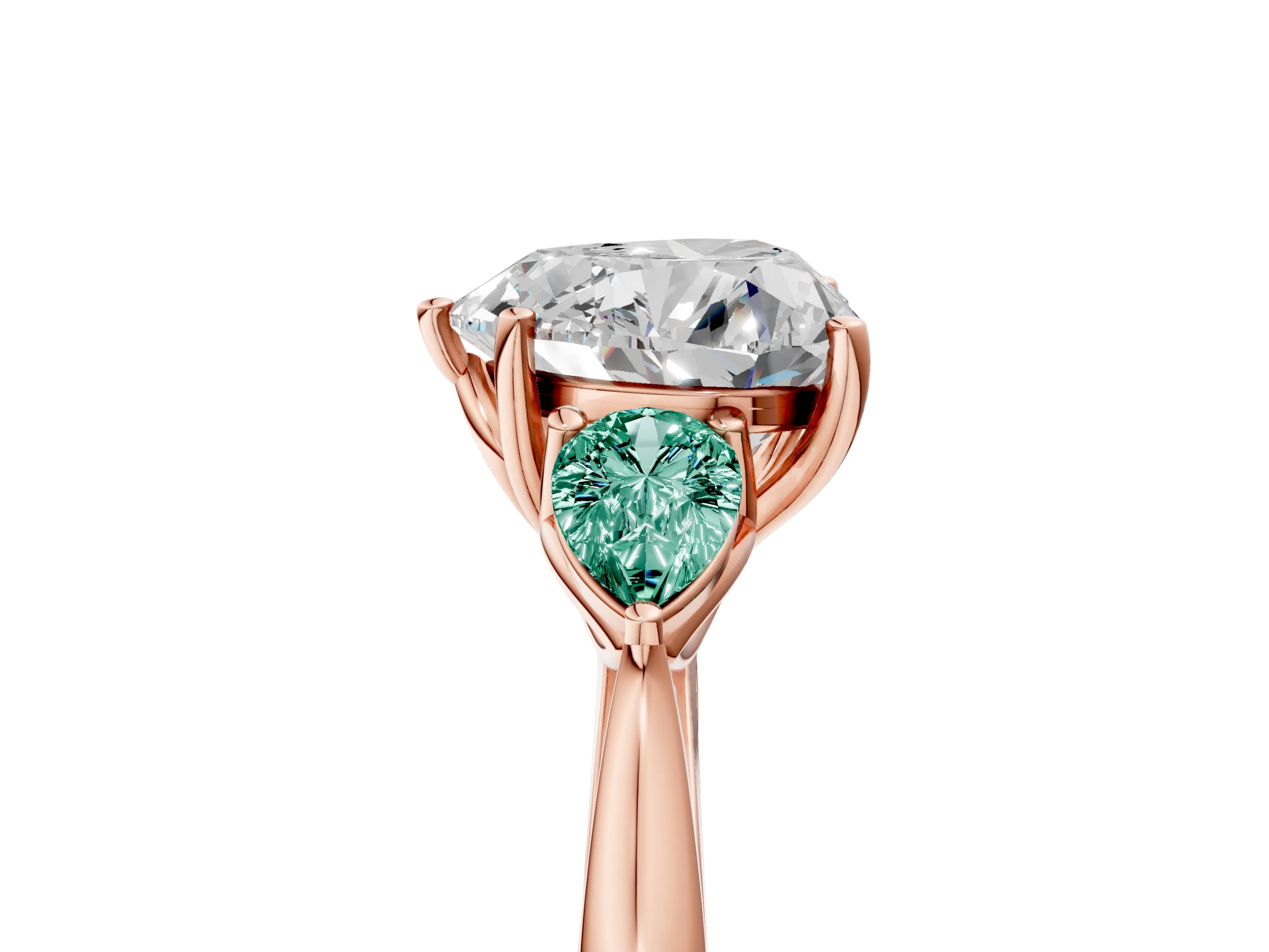 Rose gold Heart Cut Diamond Three-Stone Ring with Pear with Green Sapphire side stone Side Stones and Prong Setting_5