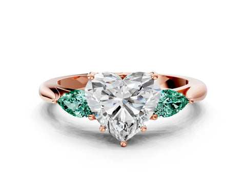 Rose gold Heart Cut Diamond Three-Stone Ring with Pear with Green Sapphire side stone Side Stones and Prong Setting