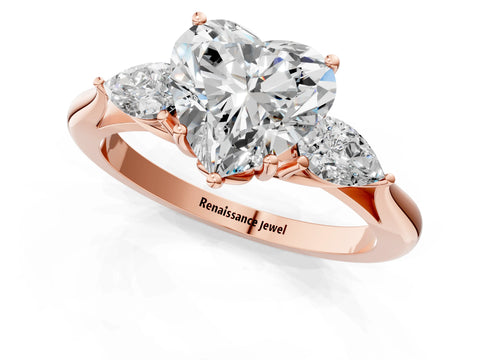 Rose gold Heart Cut Diamond Three-Stone Ring with Pear with Moissanite side stone Side Stones and Prong Setting_1