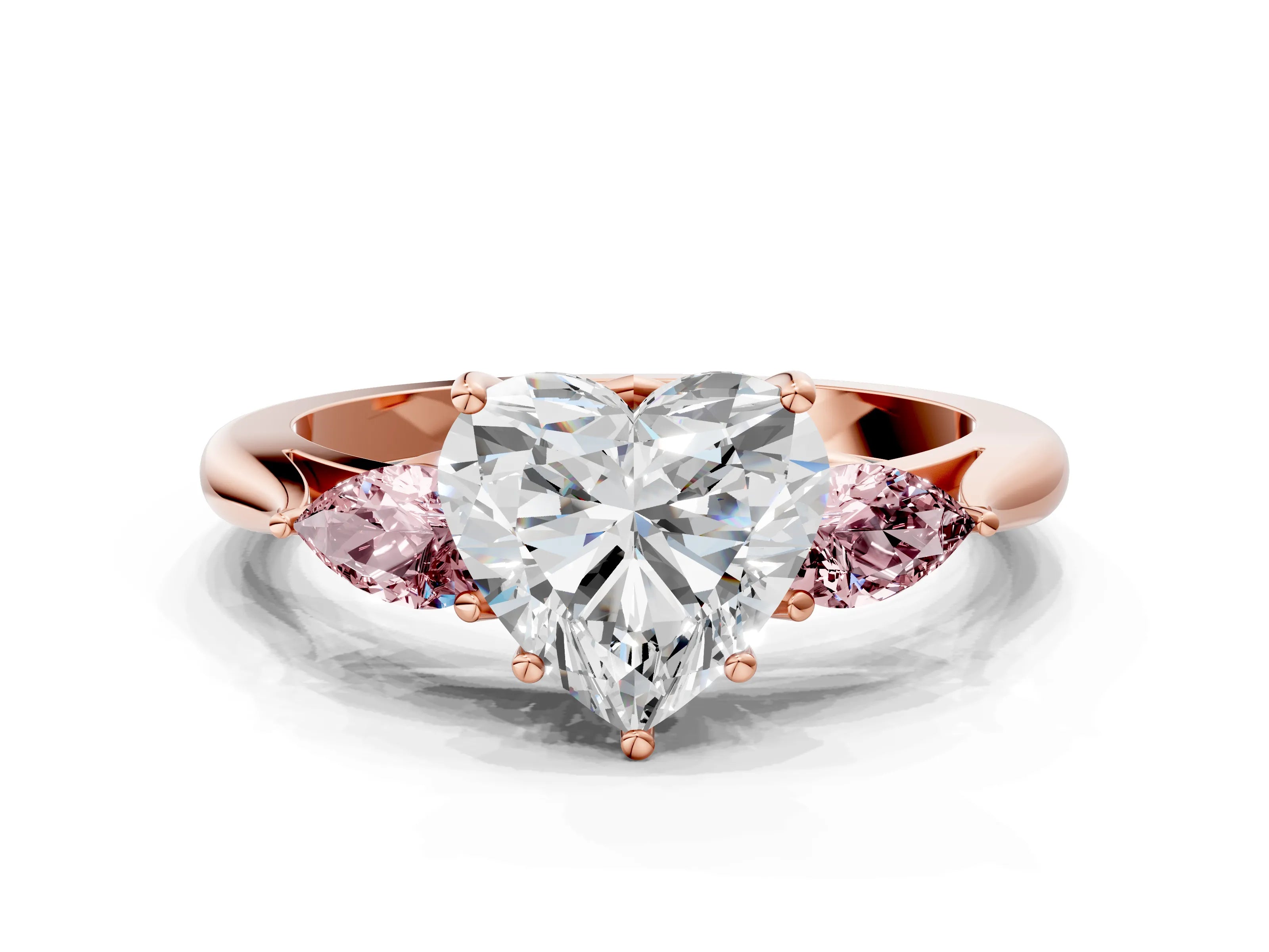 Rose gold Heart Cut Diamond Three-Stone Ring with Pear with Morganite side stone Side Stones and Prong Setting