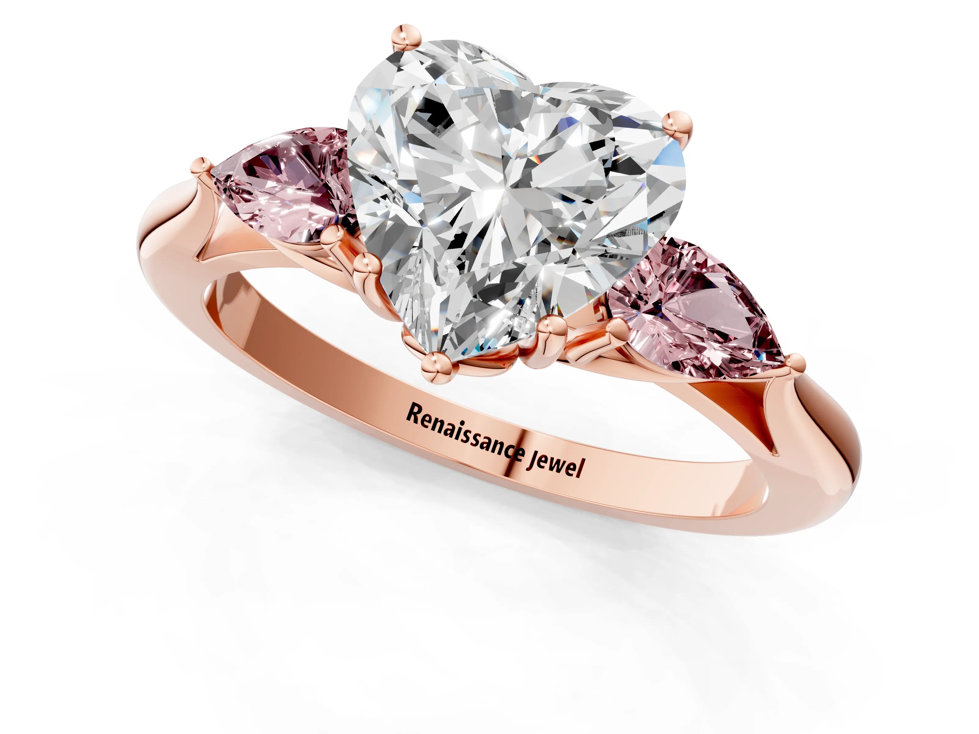Rose gold Heart Cut Diamond Three-Stone Ring with Pear with Morganite side stone Side Stones and Prong Setting_1
