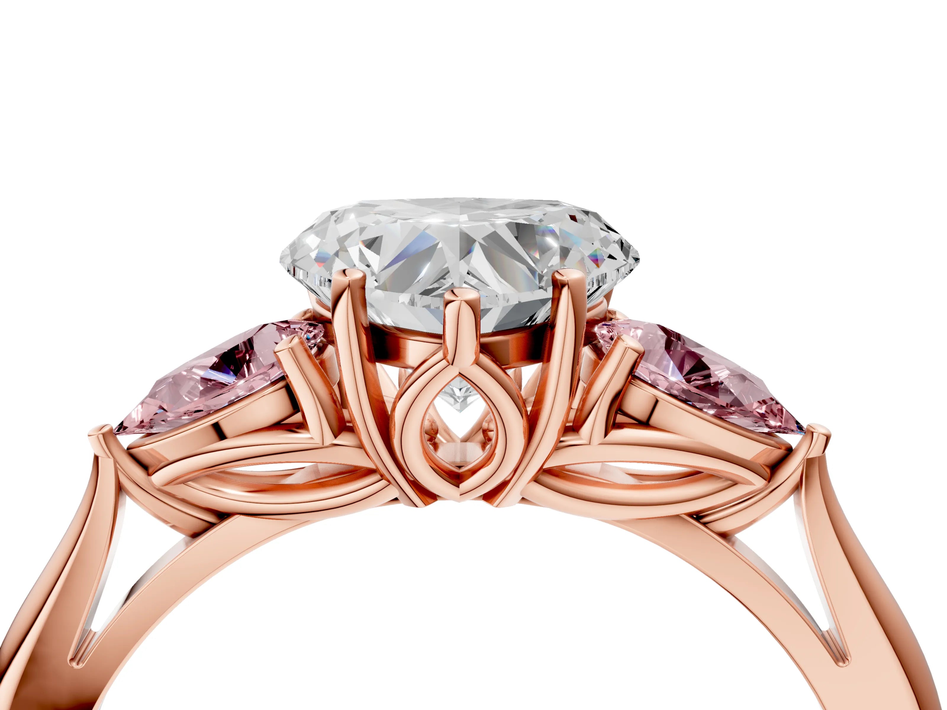 Rose gold Heart Cut Diamond Three-Stone Ring with Pear with Morganite side stone Side Stones and Prong Setting_4