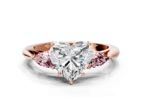 Rose gold Heart Cut Diamond Three-Stone Ring with Pear with Morganite side stone Side Stones and Prong Setting
