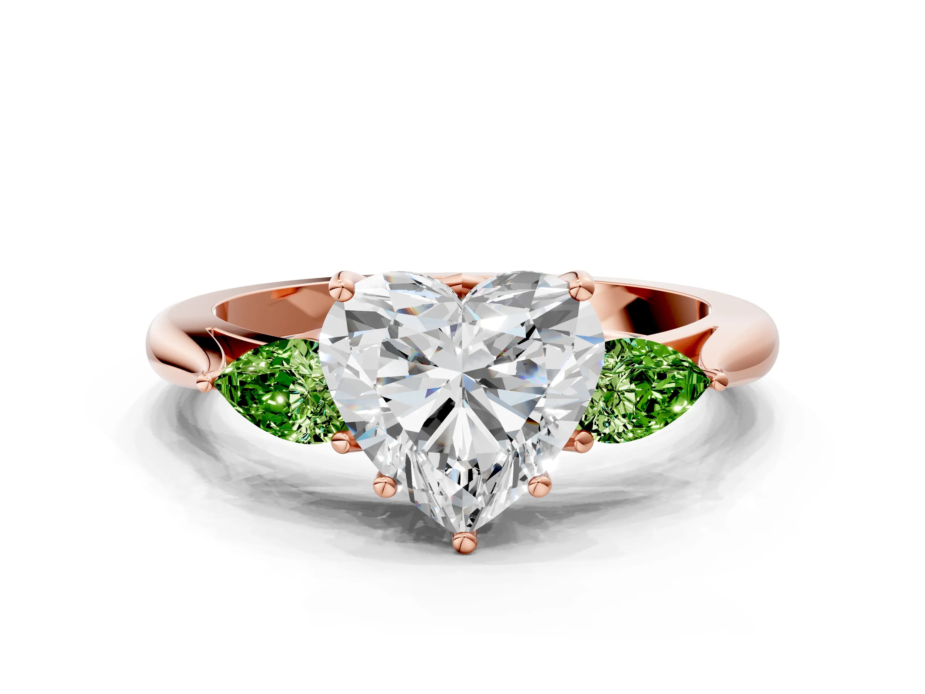 Rose gold Heart Cut Diamond Three-Stone Ring with Pear with Peridot side stone Side Stones and Prong Setting