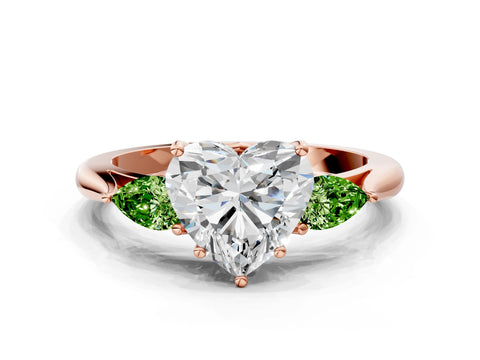 Rose gold Heart Cut Diamond Three-Stone Ring with Pear with Peridot side stone Side Stones and Prong Setting
