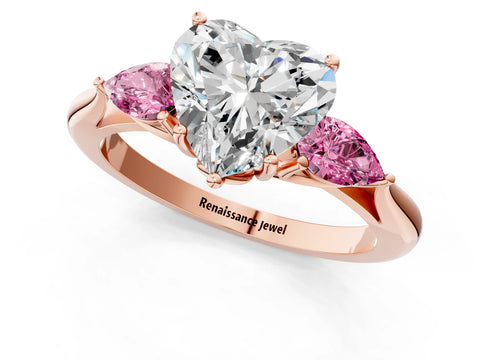 Rose gold Heart Cut Diamond Three-Stone Ring with Pear with Pink Sapphire side stone Side Stones and Prong Setting_1