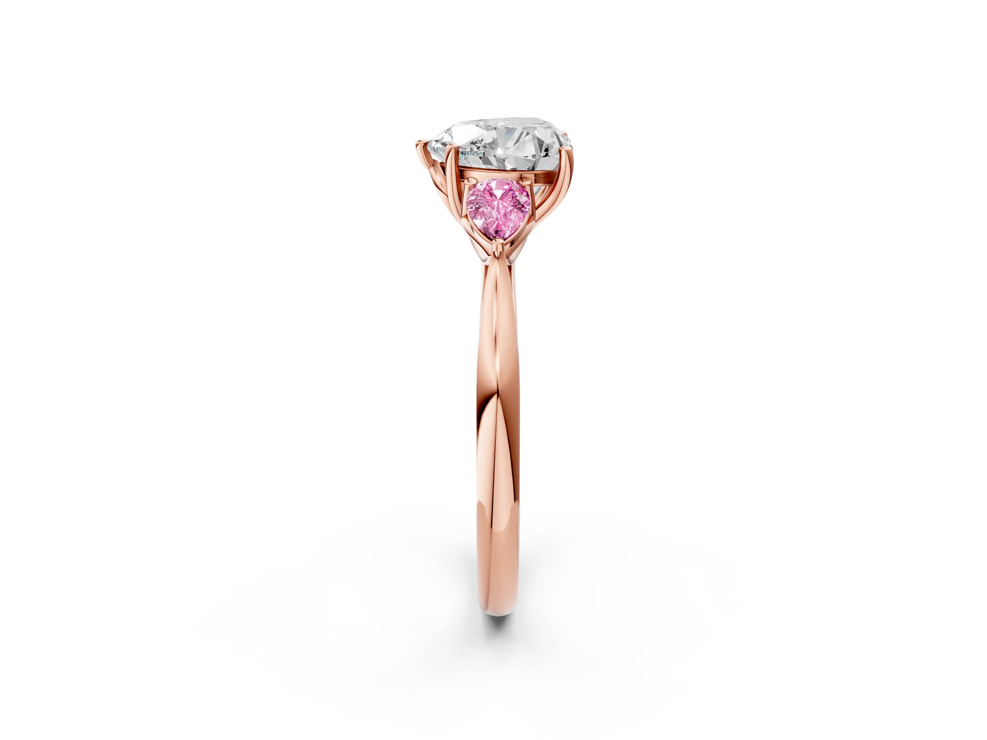 Rose gold Heart Cut Diamond Three-Stone Ring with Pear with Pink Sapphire side stone Side Stones and Prong Setting_2