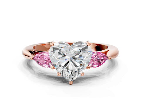 Rose gold Heart Cut Diamond Three-Stone Ring with Pear with Pink Sapphire side stone Side Stones and Prong Setting