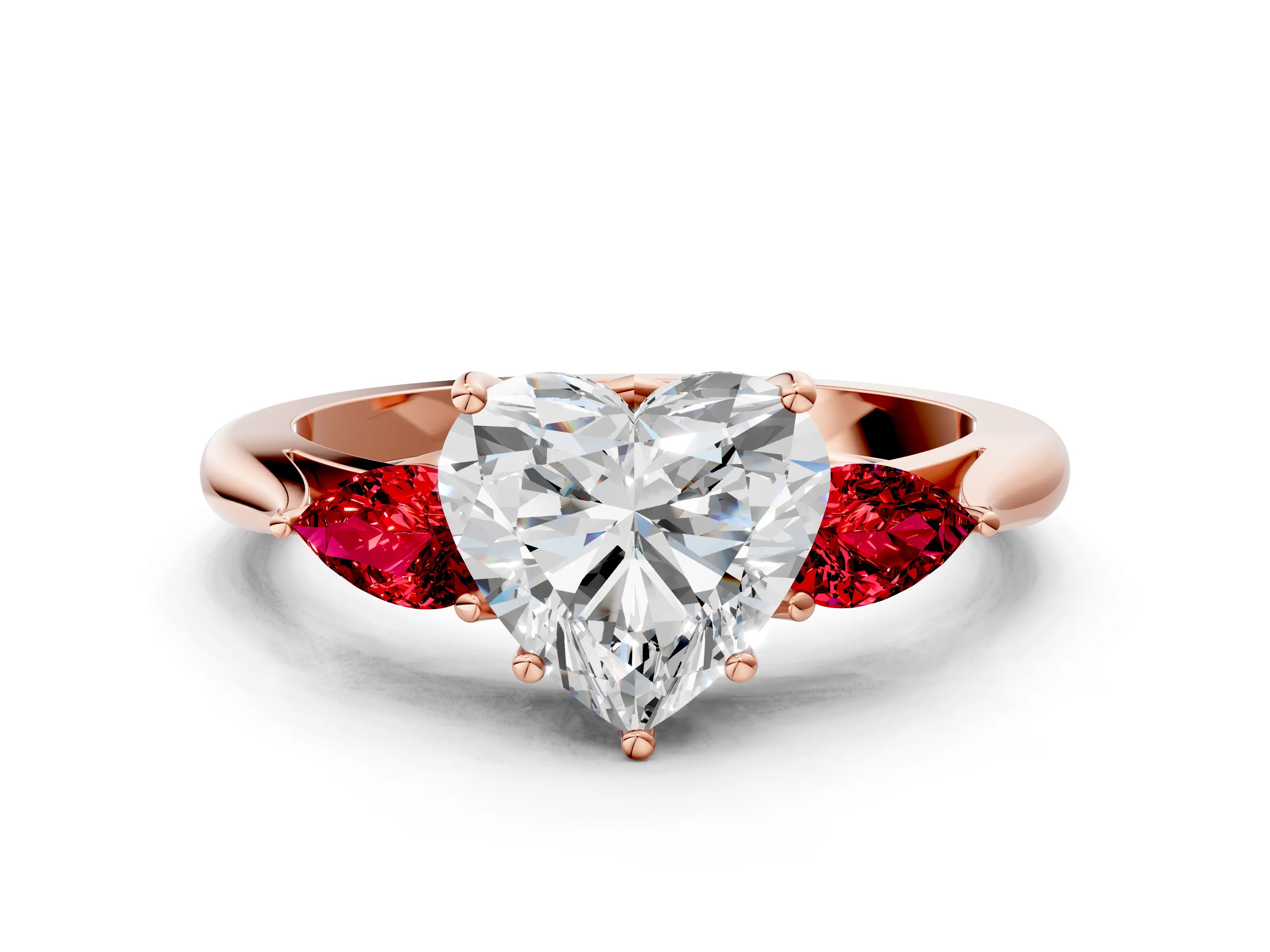 Rose gold Heart Cut Diamond Three-Stone Ring with Pear with Ruby side stone Side Stones and Prong Setting