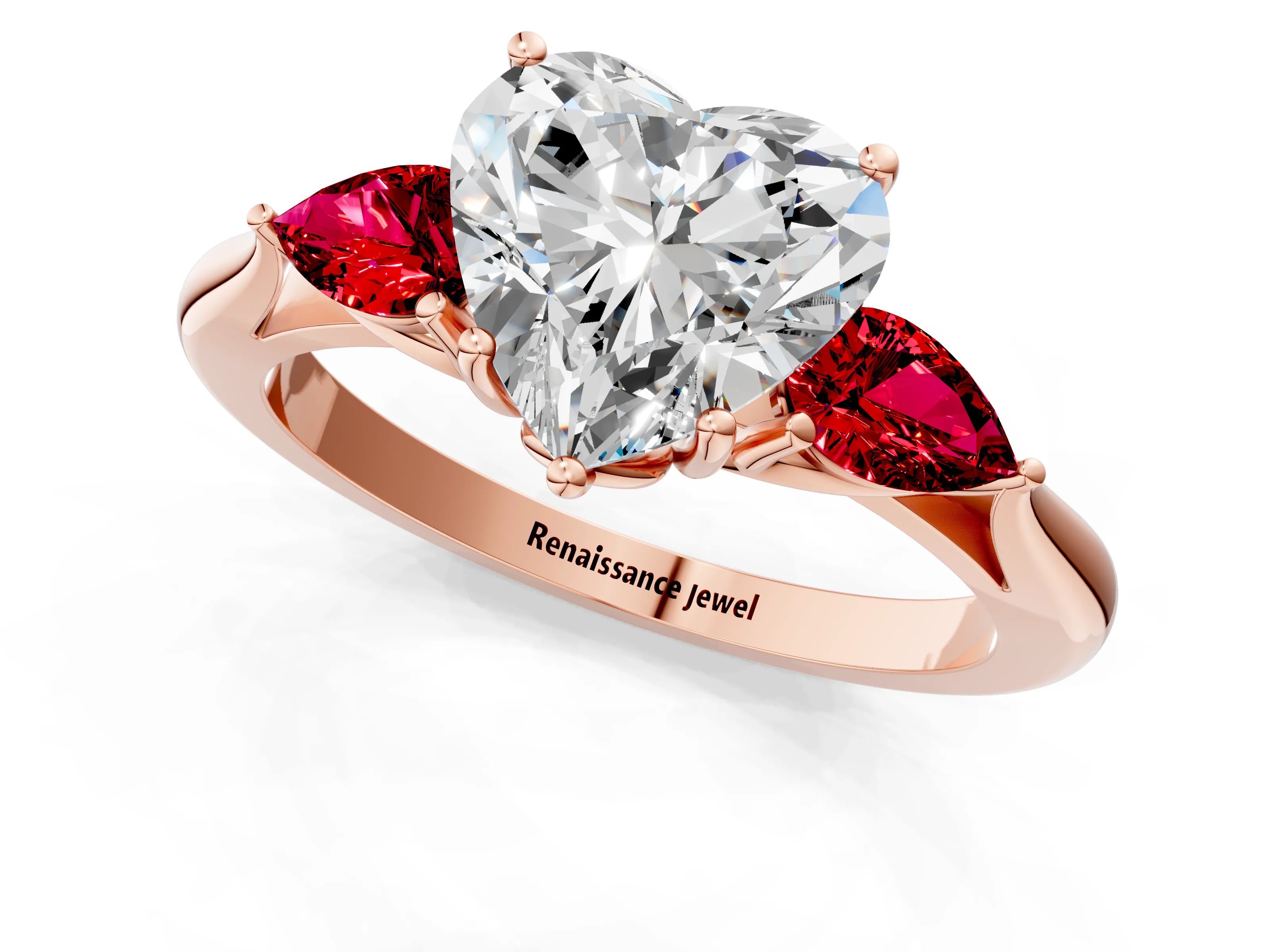 Rose gold Heart Cut Diamond Three-Stone Ring with Pear with Ruby side stone Side Stones and Prong Setting_1