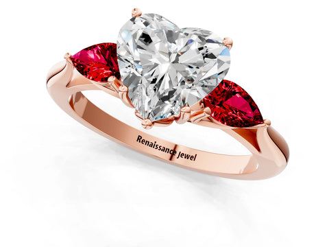 Rose gold Heart Cut Diamond Three-Stone Ring with Pear with Ruby side stone Side Stones and Prong Setting_1