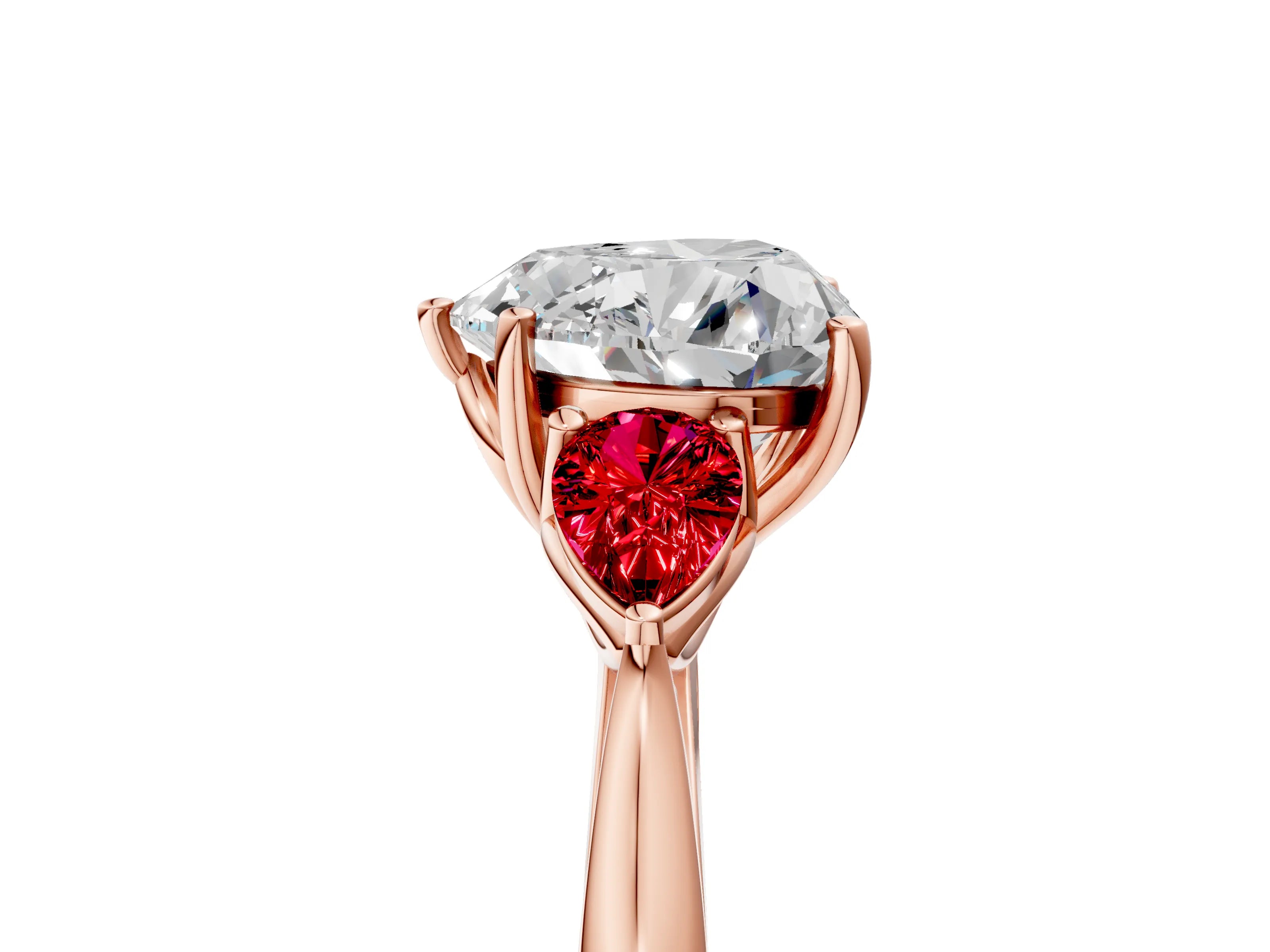 Rose gold Heart Cut Diamond Three-Stone Ring with Pear with Ruby side stone Side Stones and Prong Setting_5