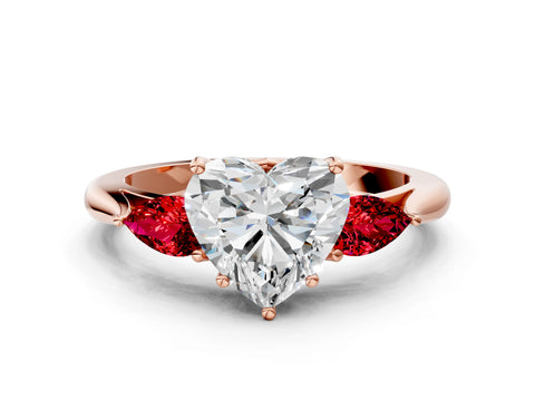 Rose gold Heart Cut Diamond Three-Stone Ring with Pear with Ruby side stone Side Stones and Prong Setting