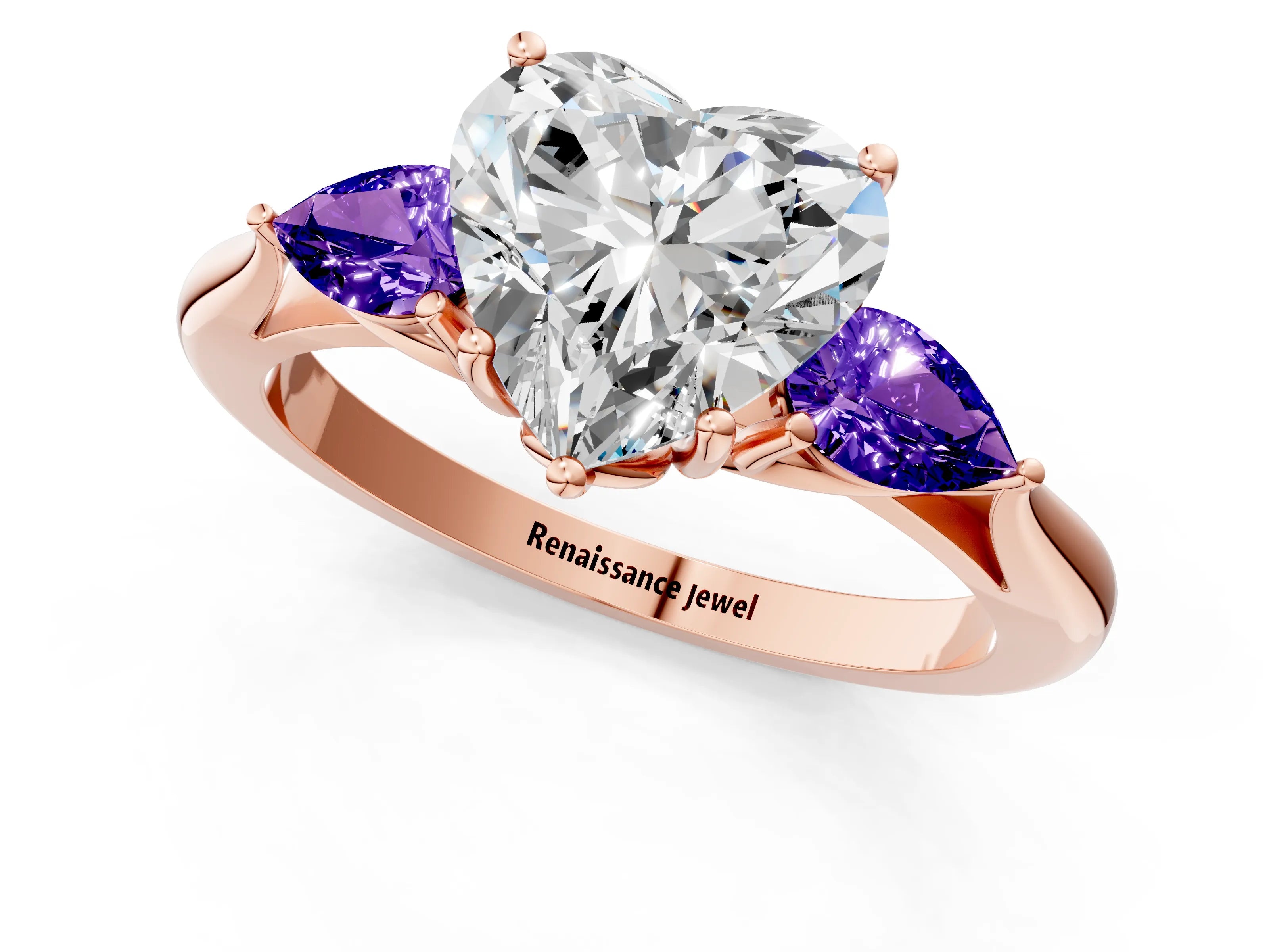 Rose gold Heart Cut Diamond Three-Stone Ring with Pear with Tanzanite side stone Side Stones and Prong Setting_1
