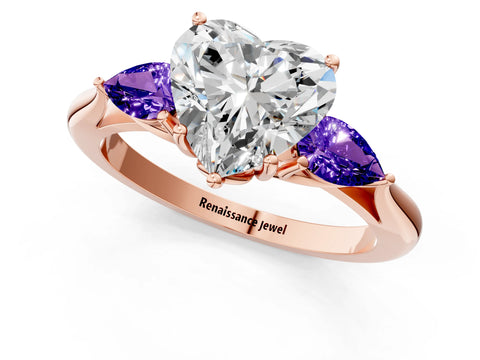 Rose gold Heart Cut Diamond Three-Stone Ring with Pear with Tanzanite side stone Side Stones and Prong Setting_1
