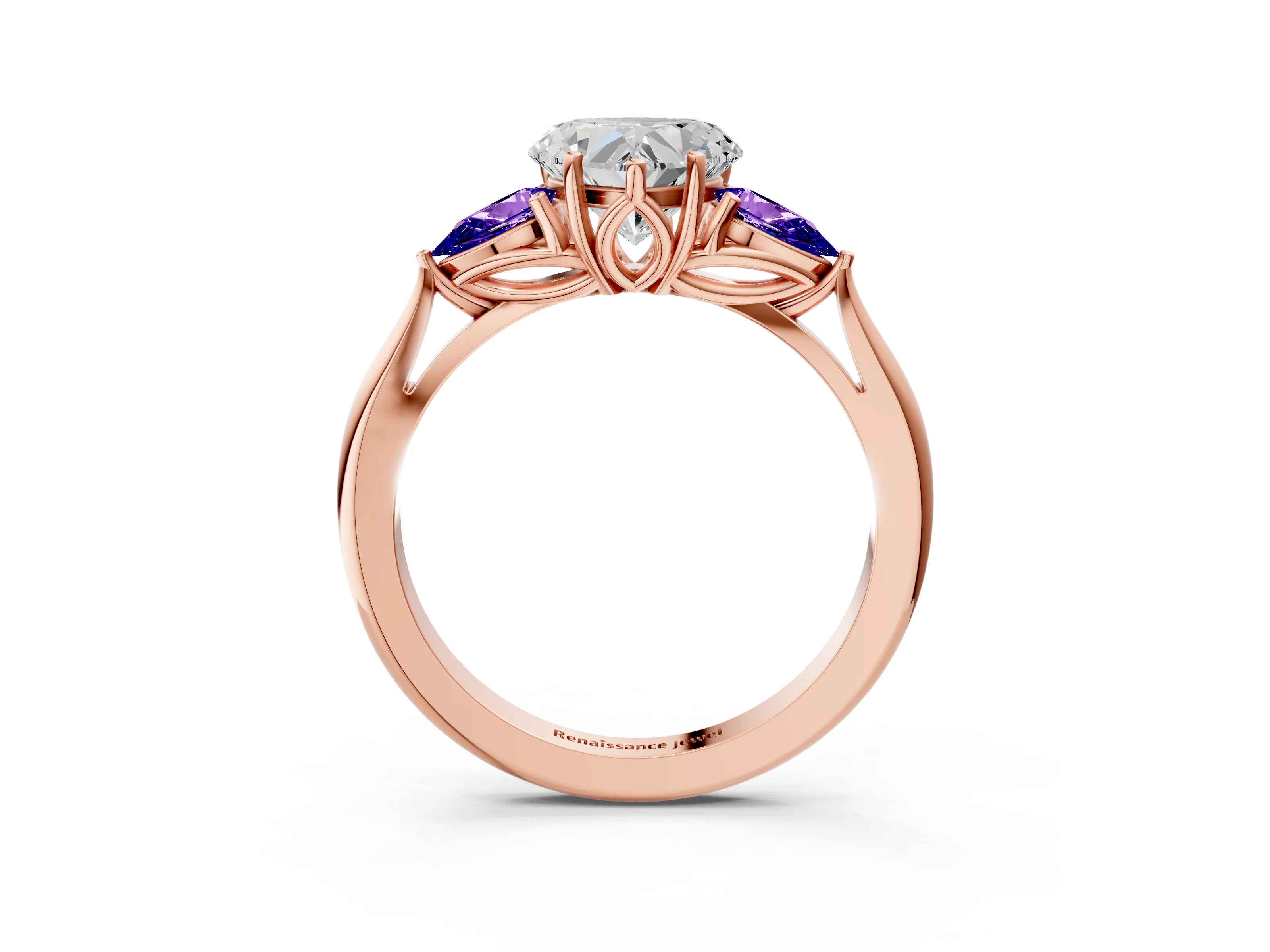 Rose gold Heart Cut Diamond Three-Stone Ring with Pear with Tanzanite side stone Side Stones and Prong Setting_3