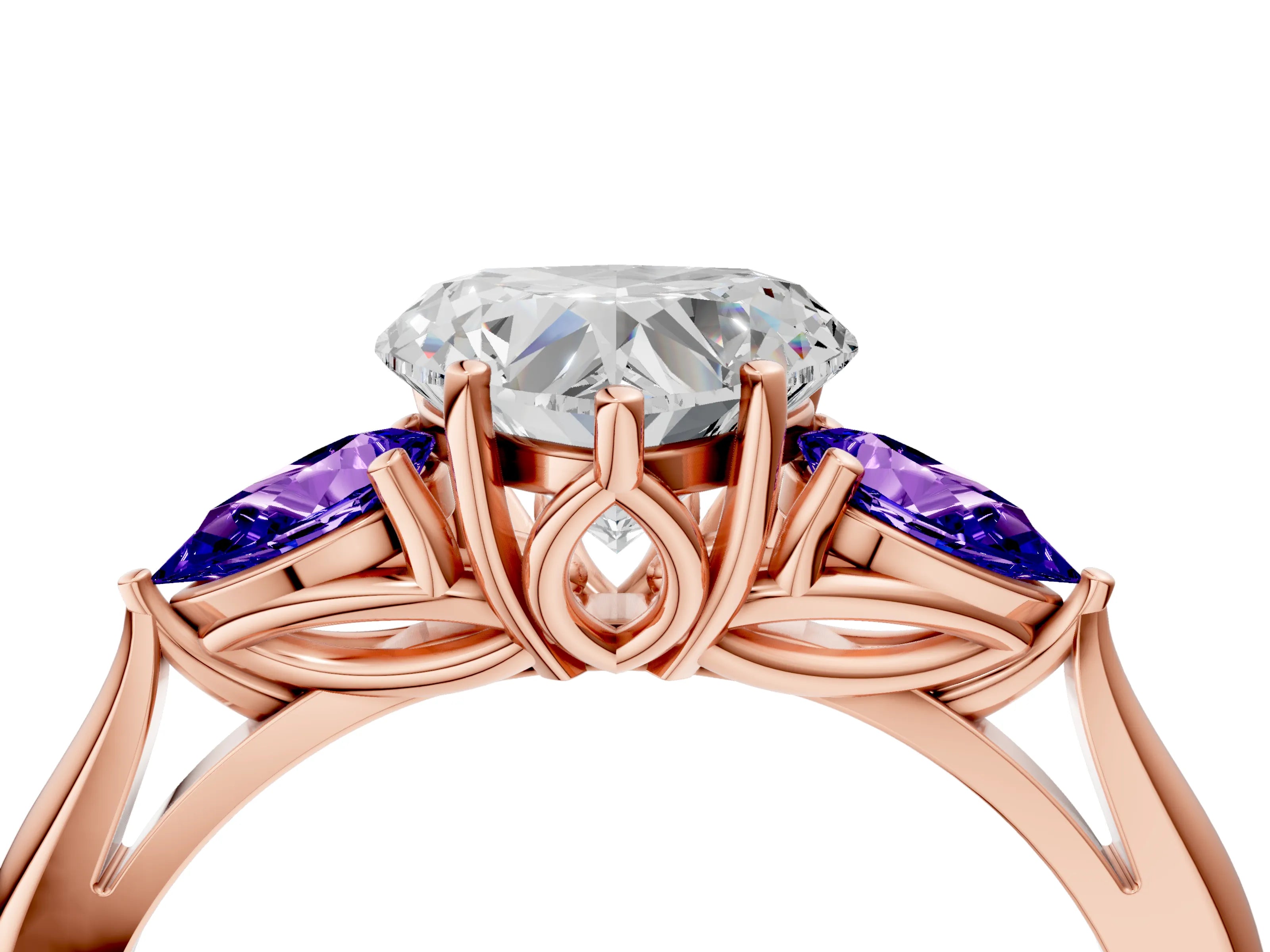 Rose gold Heart Cut Diamond Three-Stone Ring with Pear with Tanzanite side stone Side Stones and Prong Setting_4