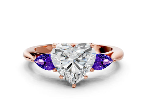 Rose gold Heart Cut Diamond Three-Stone Ring with Pear with Tanzanite side stone Side Stones and Prong Setting