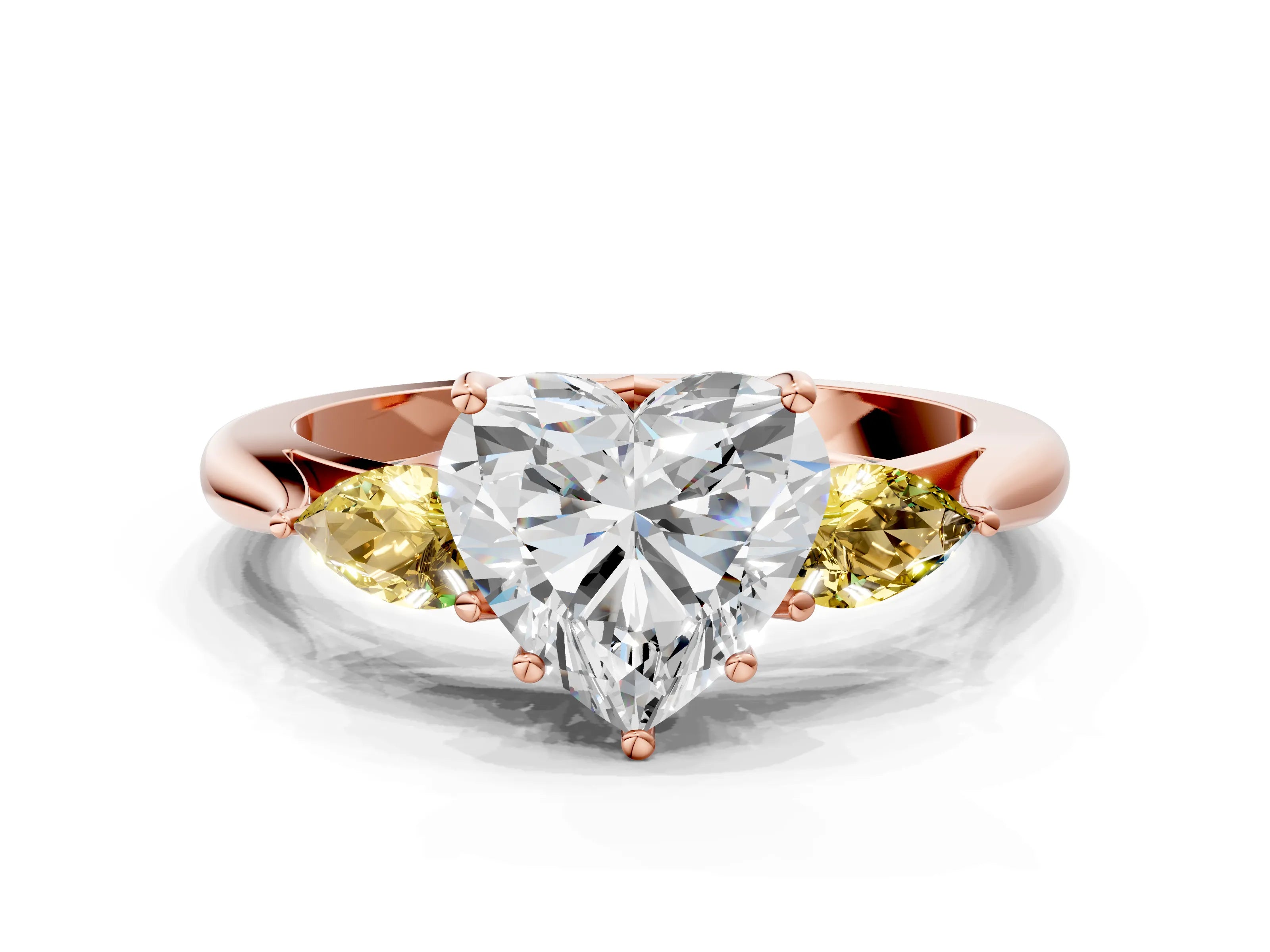 Rose gold Heart Cut Diamond Three-Stone Ring with Pear with Yellow Sapphire side stone Side Stones and Prong Setting