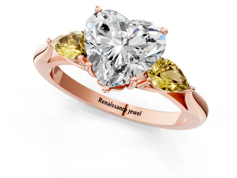 Rose gold Heart Cut Diamond Three-Stone Ring with Pear with Yellow Sapphire side stone Side Stones and Prong Setting_1