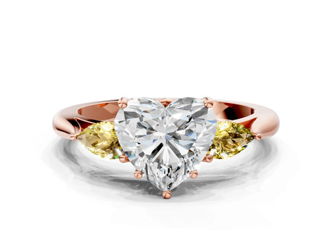 Rose gold Heart Cut Diamond Three-Stone Ring with Pear with Yellow Sapphire side stone Side Stones and Prong Setting