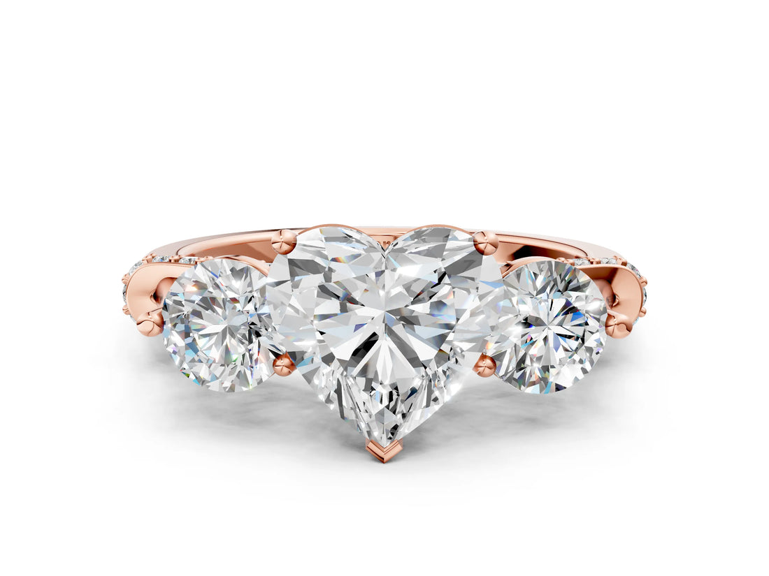 Rose gold Heart Cut Diamond Three-Stone Ring with Prong Setting and Pavé Band_3