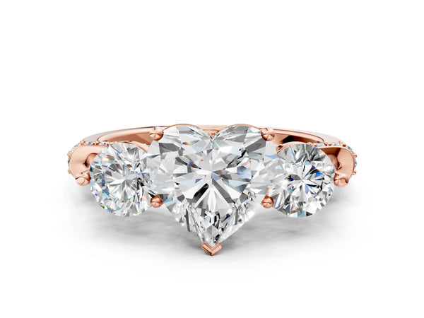 Rose gold Heart Cut Diamond Three-Stone Ring with Prong Setting and Pavé Band
