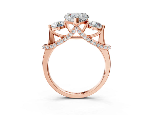 Rose gold Heart Cut Diamond Three-Stone Ring with Prong Setting and Pavé Band