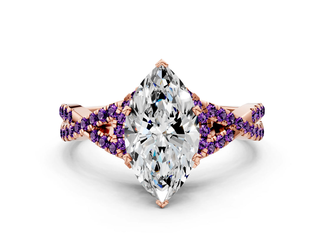 Rose gold Heart Cut Diamond with Amethyst side stone Halo Twist Band Solitaire Prong Setting Ring_12
