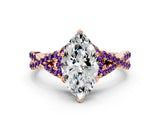 Rose gold Heart Cut Diamond with Amethyst side stone Halo Twist Band Solitaire Prong Setting Ring_12
