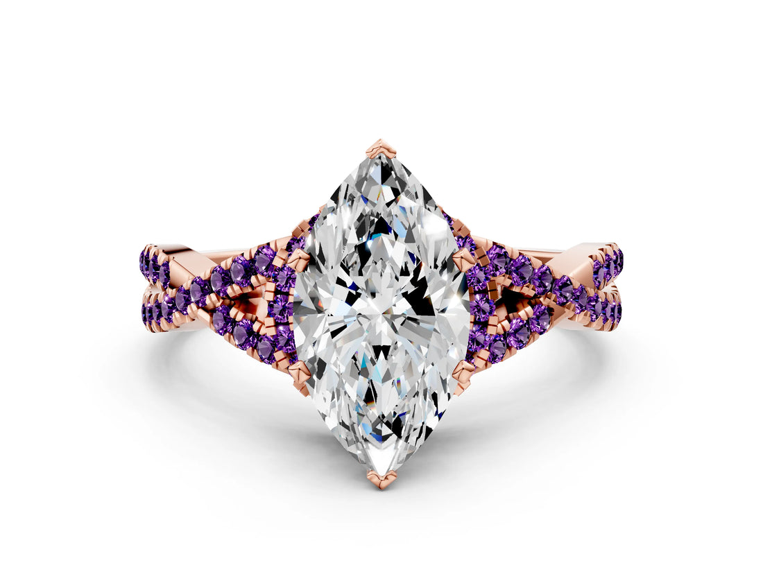 Rose gold Heart Cut Diamond with Amethyst side stone Halo Twist Band Solitaire Prong Setting Ring_36