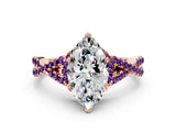 Rose gold Heart Cut Diamond with Amethyst side stone Halo Twist Band Solitaire Prong Setting Ring_36
