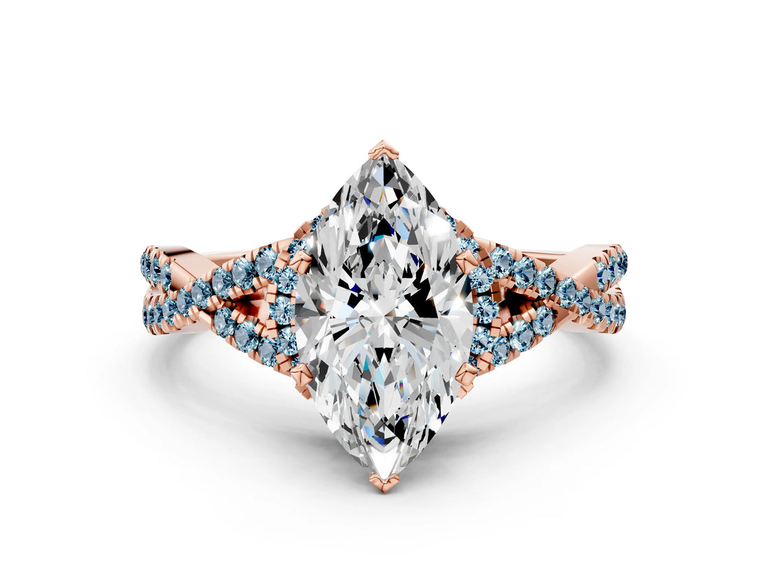 Rose gold Heart Cut Diamond with Aquamarine side stone Halo Twist Band Solitaire Prong Setting Ring_36