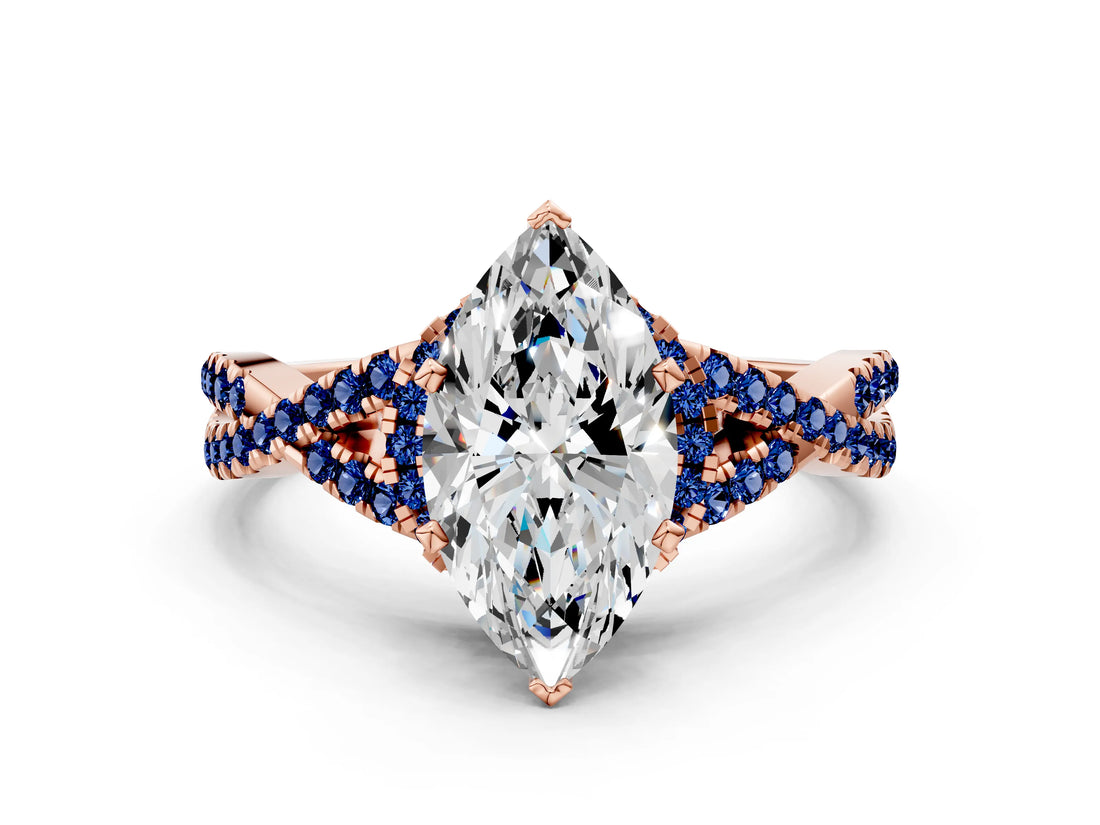 Rose gold Heart Cut Diamond with Blue Sapphire side stone Halo Twist Band Solitaire Prong Setting Ring_12