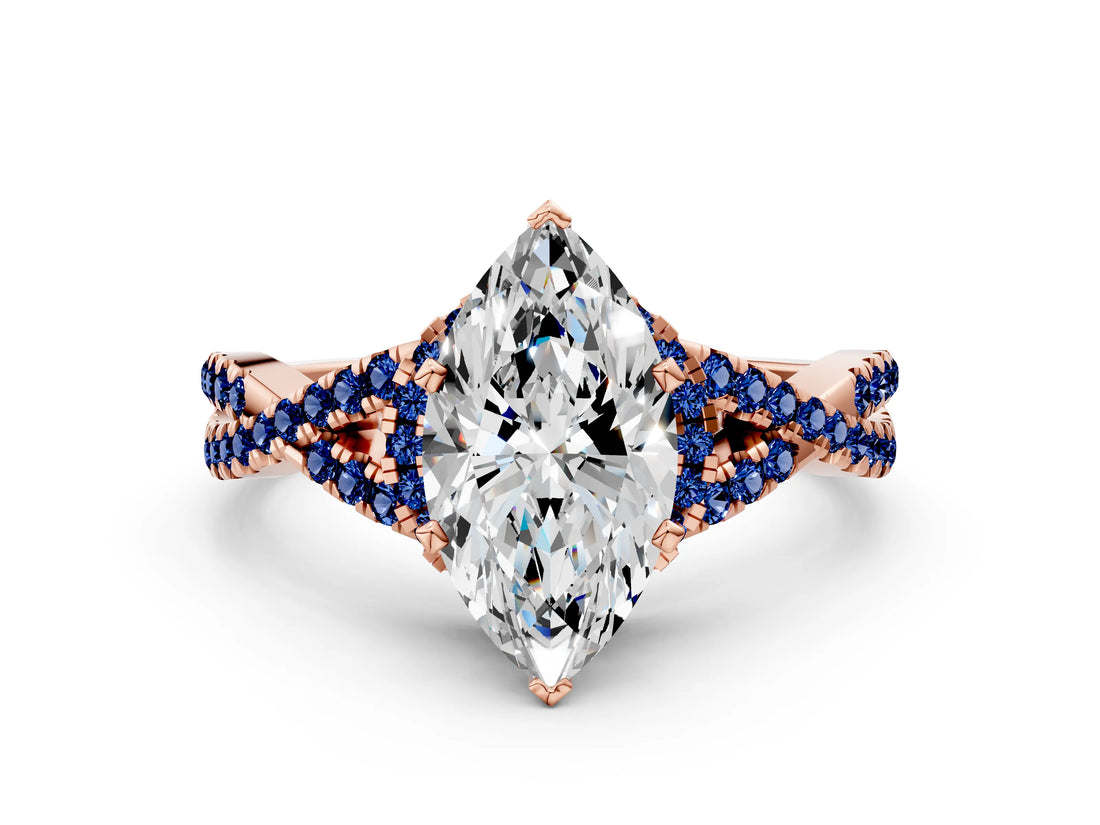 Rose gold Heart Cut Diamond with Blue Sapphire side stone Halo Twist Band Solitaire Prong Setting Ring_36
