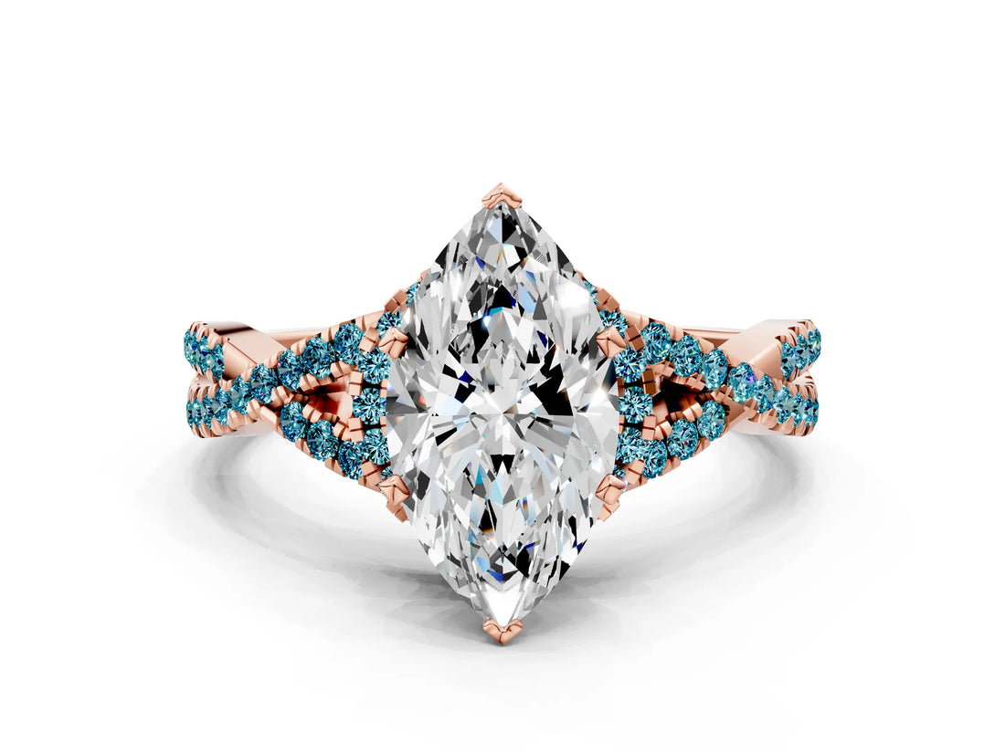 Rose gold Heart Cut Diamond with Blue Topaz side stone Halo Twist Band Solitaire Prong Setting Ring_12