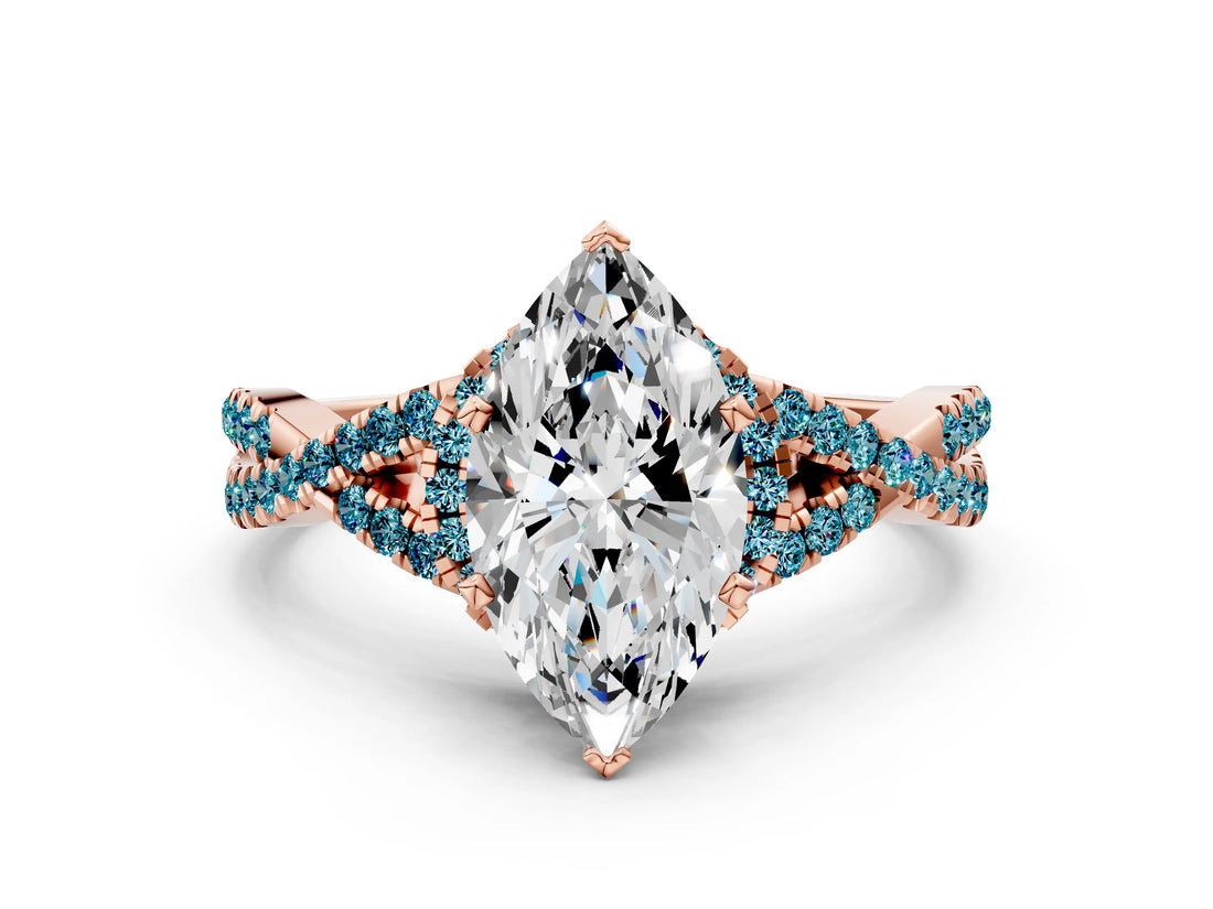 Rose gold Heart Cut Diamond with Blue Topaz side stone Halo Twist Band Solitaire Prong Setting Ring_36