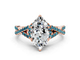 Rose gold Heart Cut Diamond with Blue Topaz side stone Halo Twist Band Solitaire Prong Setting Ring_36