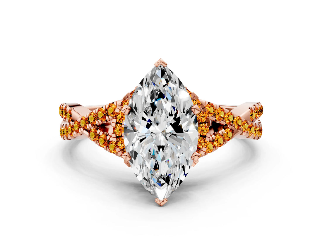 Rose gold Heart Cut Diamond with Citrine side stone Halo Twist Band Solitaire Prong Setting Ring_12