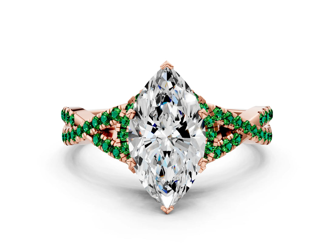 Rose gold Heart Cut Diamond with Emerald side stone Halo Twist Band Solitaire Prong Setting Ring_12