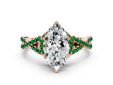 Rose gold Heart Cut Diamond with Emerald side stone Halo Twist Band Solitaire Prong Setting Ring_12
