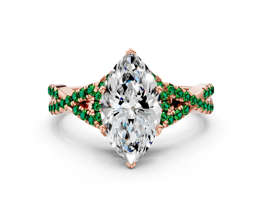 Rose gold Heart Cut Diamond with Emerald side stone Halo Twist Band Solitaire Prong Setting Ring_30