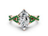 Rose gold Heart Cut Diamond with Emerald side stone Halo Twist Band Solitaire Prong Setting Ring_30
