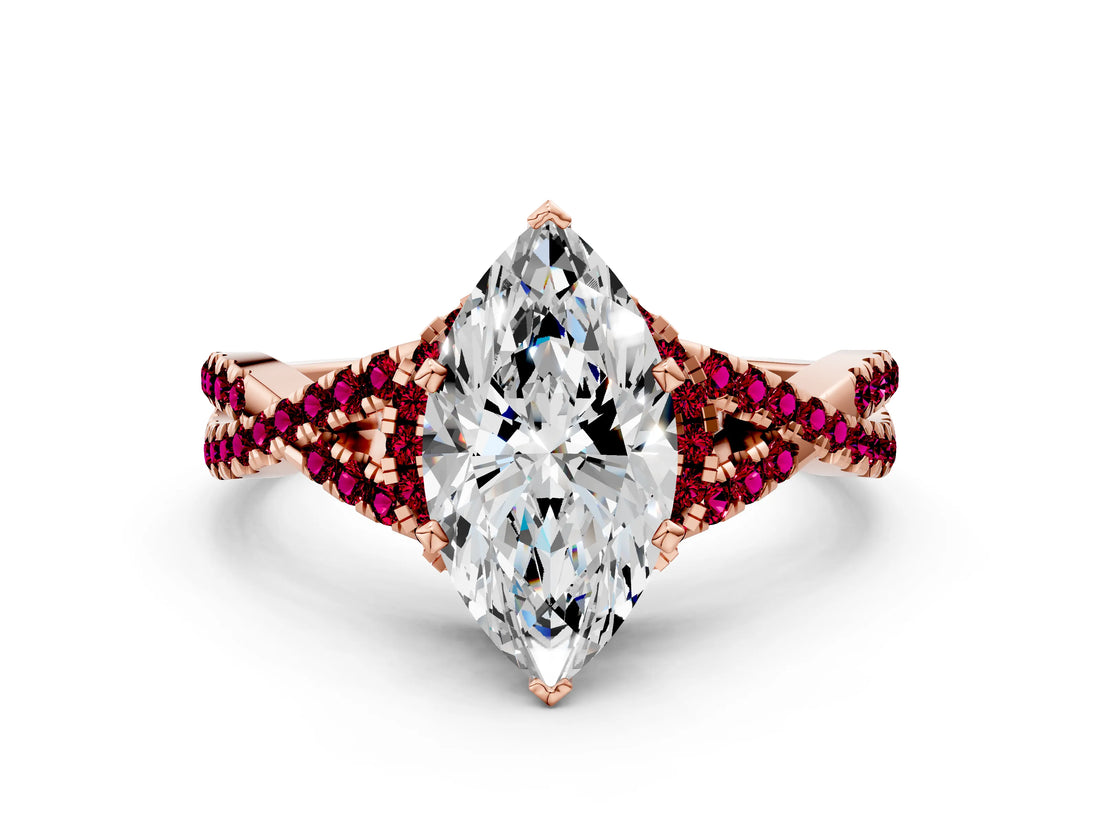 Rose gold Heart Cut Diamond with Garnet side stone Halo Twist Band Solitaire Prong Setting Ring_36