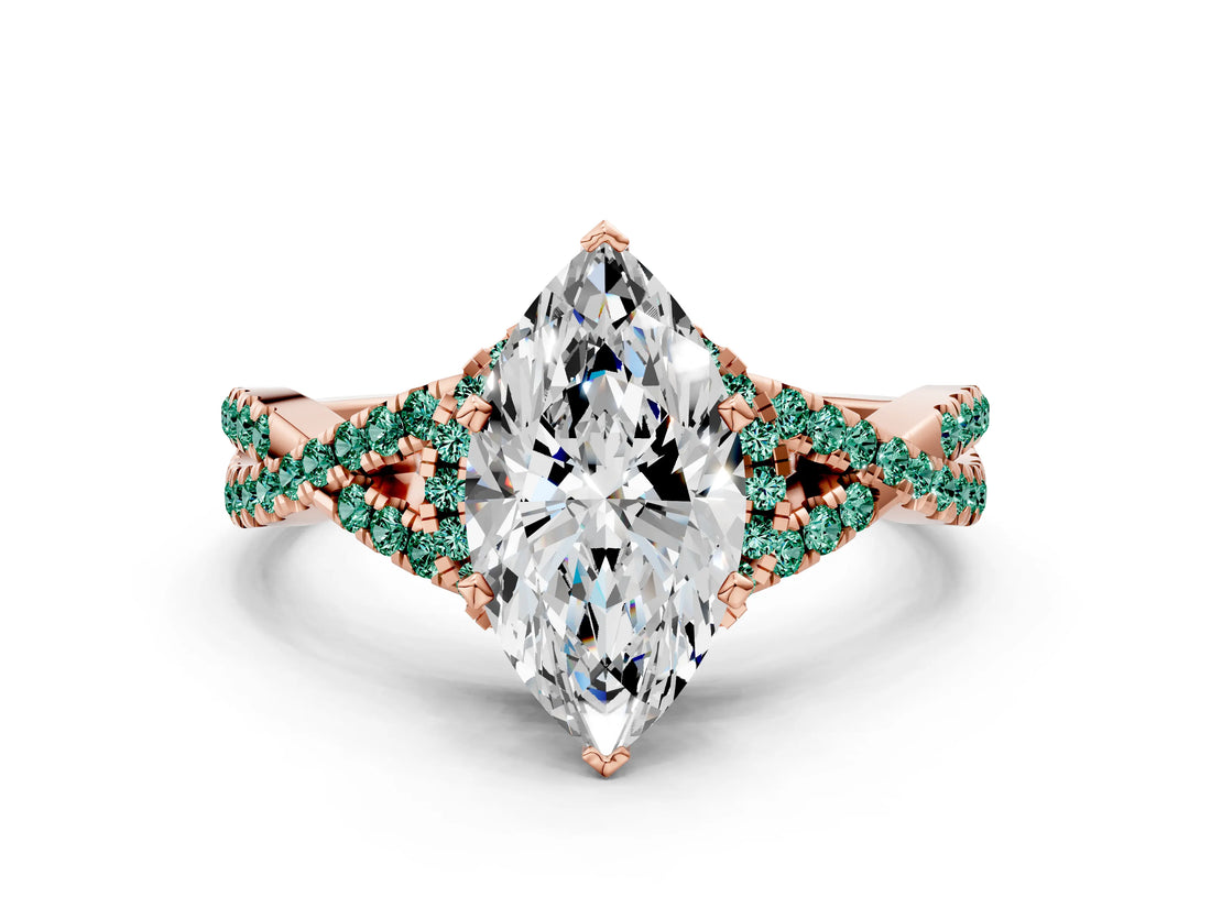Rose gold Heart Cut Diamond with Green Sapphire side stone Halo Twist Band Solitaire Prong Setting Ring_12