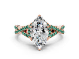 Rose gold Heart Cut Diamond with Green Sapphire side stone Halo Twist Band Solitaire Prong Setting Ring_12
