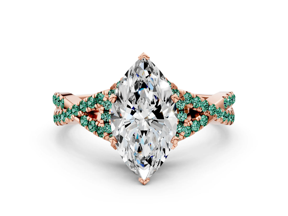 Rose gold Heart Cut Diamond with Green Sapphire side stone Halo Twist Band Solitaire Prong Setting Ring_24