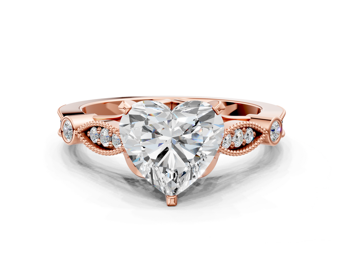 Rose gold Heart Cut Diamond with Milgrain Marquise and Bezel Accents on a Solitaire Band with Prong Setting_194